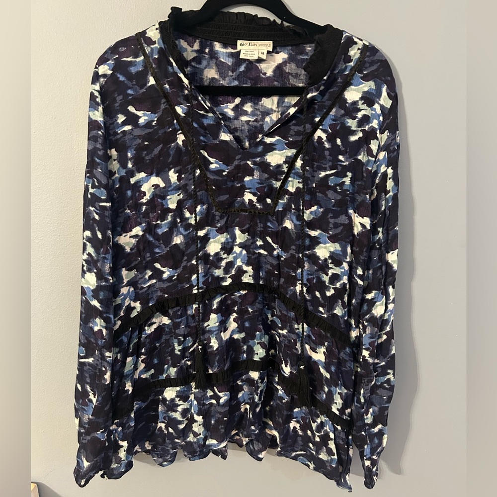 Go Fish Long Sleeve Navy and White Patterned Blouse